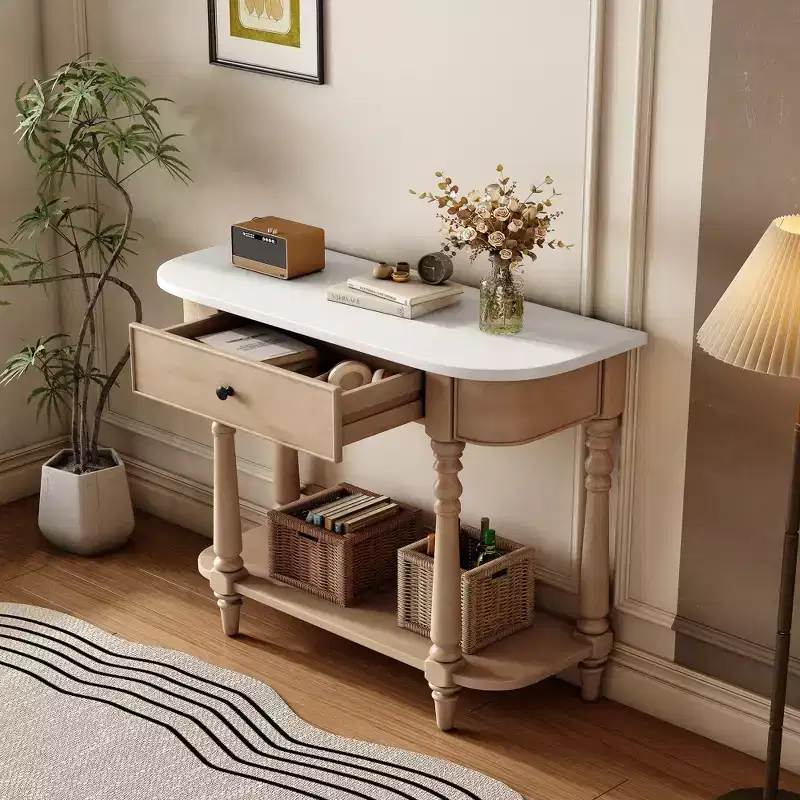 Vintage Narrow Console Table with Storage, Wood Entryway Table with Top Drawer and Open Shelf, Retro Sofa Table for Entryway and Hallway
