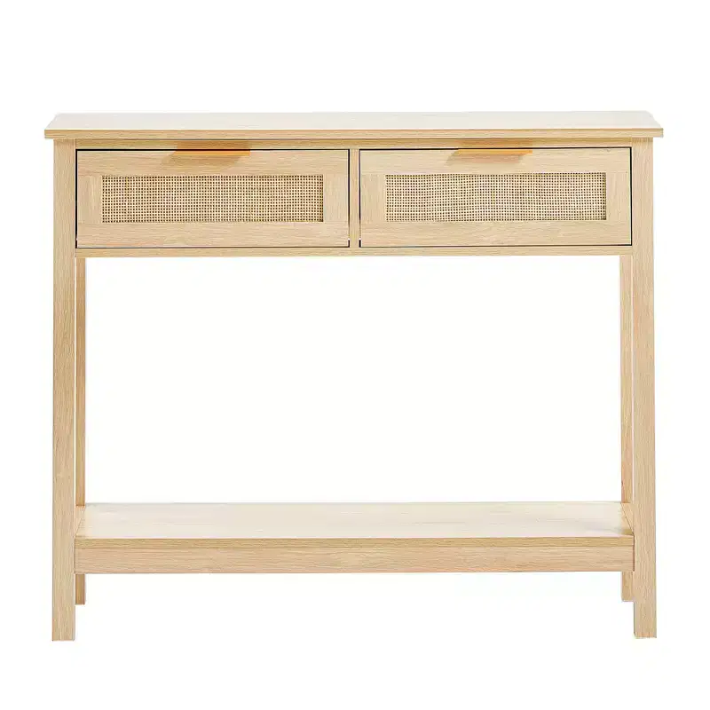Rattan Console Table with 2 Drawers and Sliding Rattan Door Entryway Sofa Table for Living Room