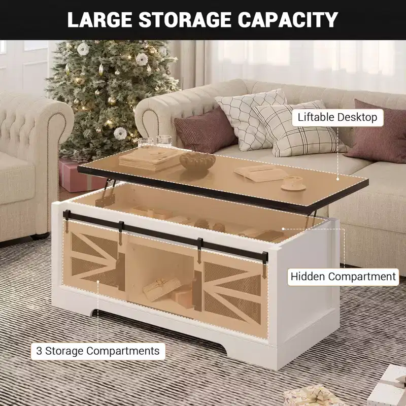 47 Inch Lift Top Coffee Tables with Storage & Sliding Barn Doors, Farmhouse Wood Cocktail Table, Living Room Furniture for Apartments