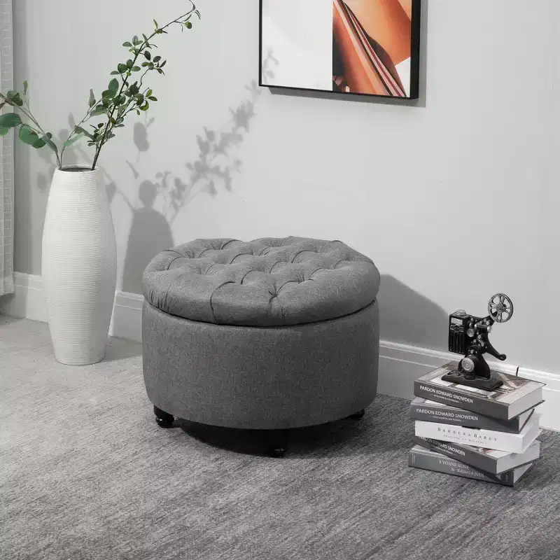 HOMCOM Round Linen-touch Fabric Storage Stool Ottoman Button Tufted Footrest with Removable Lid for Living Room, Entryway, or Bedroom, gray