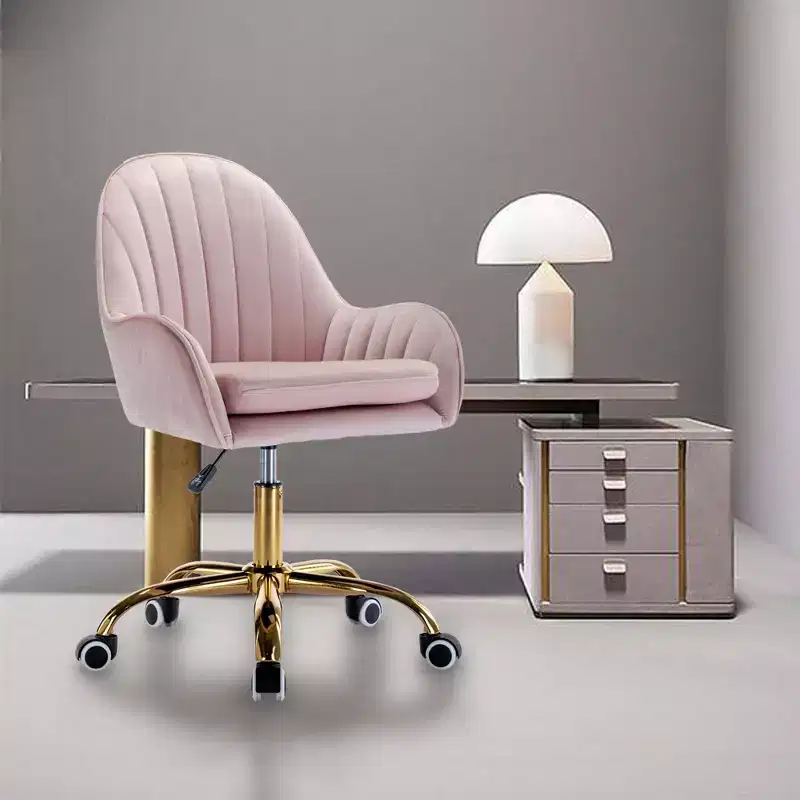 Okak Velvet Office Chair, Cute Desk Chair with Golden Metal Base, Vanity Chair for Living Room, Vanity Room, Study, Pink