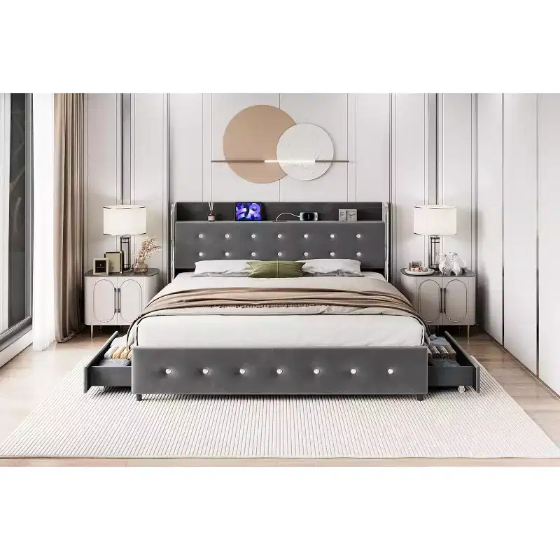 Bed Frame with Storage Headboard, 4 Drawers, and Charging Station, Velvet Upholstered Platform Design, No Box Spring Required, Sturdy Support.