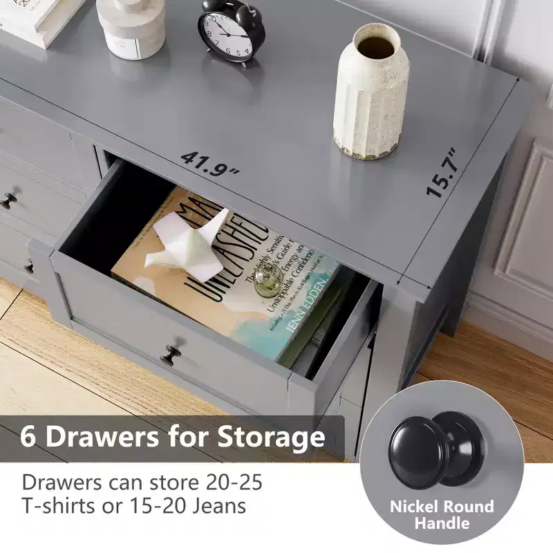 GustoWave 6 Drawer Dresser, Modern Chest of Drawers with Round Handle and Sturdy Leg