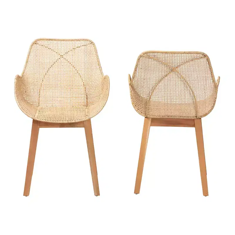 Japandi Mahogany Wood Rattan Dining Chair Set of 2 High Back Armrest Woven Seat 250 lbs