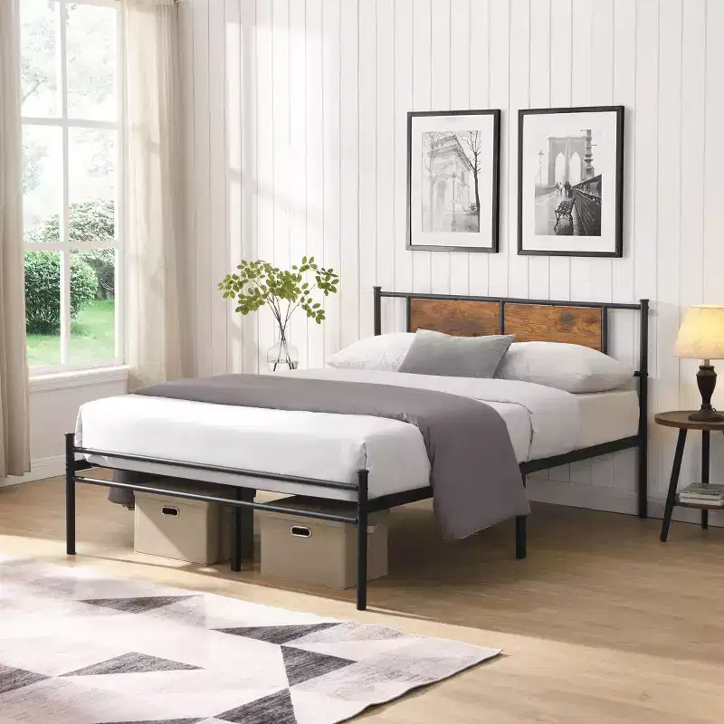Okak King Size Bed Frame with Headboard, Modern Platform Bed with Wood Panel Decoration for Bedroom, Black