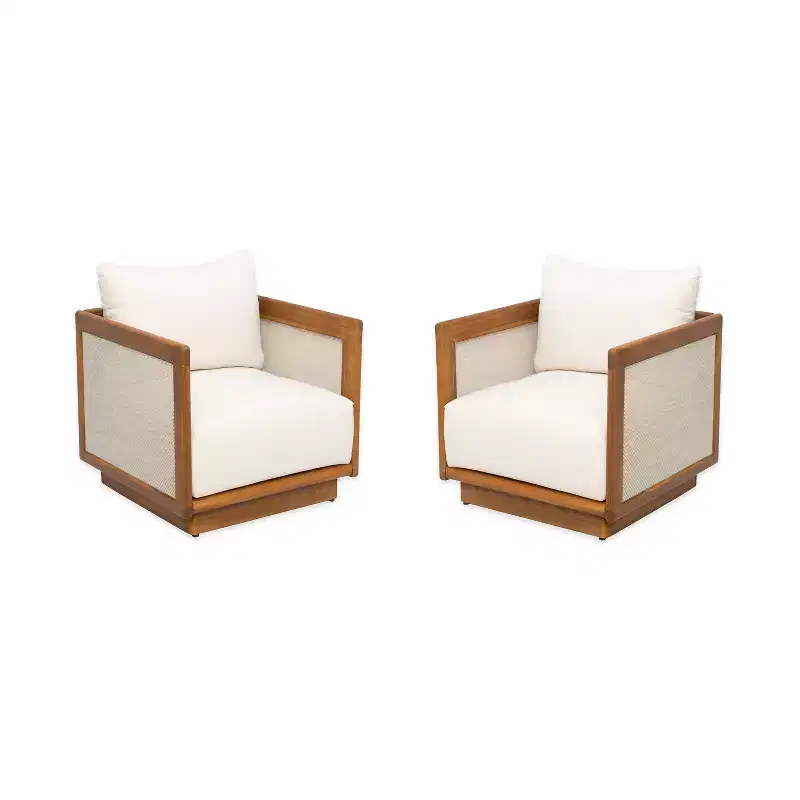 Christopher Knight Home Grath Patio Mid-Century Modern Acacia Wood Textilene Club Chair with Thick Cushion