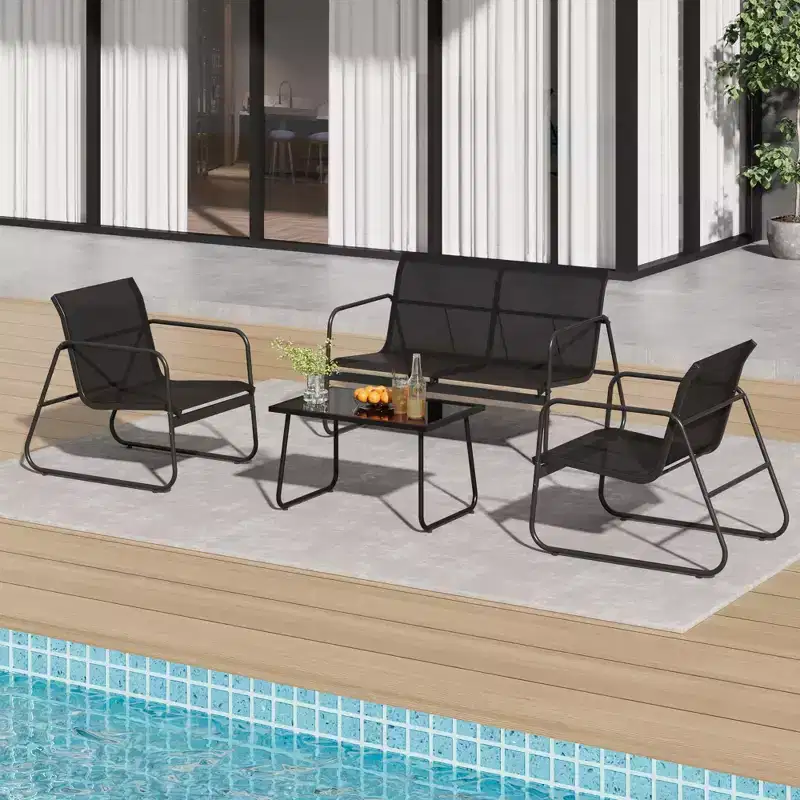 4 Piece Outdoor Patio Conversation Sets, All Weather Textilene Outdoor Table and Chair Set, Small Patio Furniture for Deck Balcony Garden