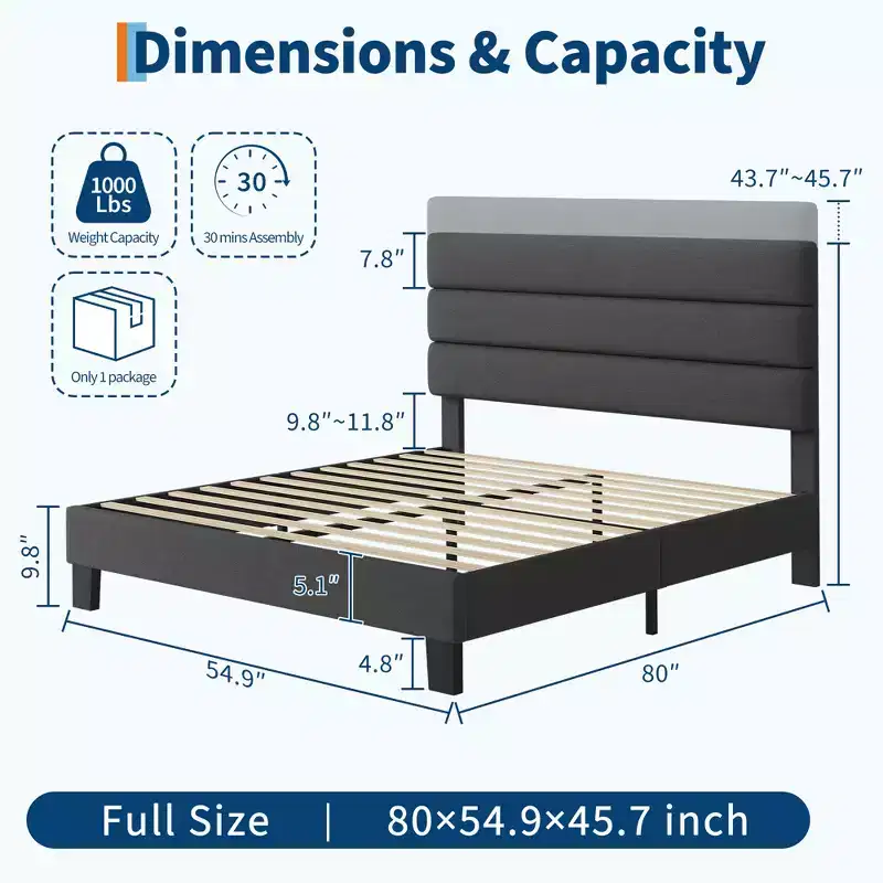 COZONY Linen Upholstered Platform Bed Frame with Adjustable Headboard, Wooden Slats Support, Noise-Free & Easy Assembly for Bedroom, Apartment