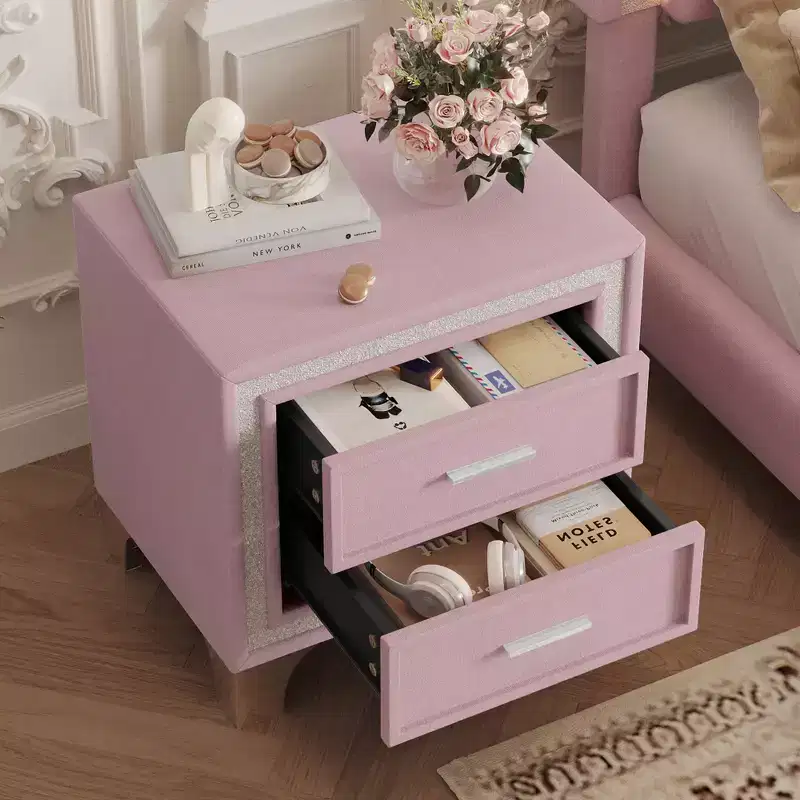 Mid Century Velvet Nightstand with 2 Drawers & Silver Glitter Trim, Pink