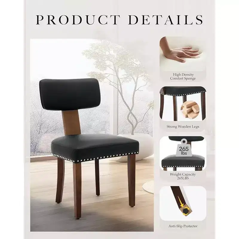 Dining Chair – Modern Leather Kitchen Chair with Curved Backrest, Hardwood Frame, Wooden Legs and Nail Head Decoration
