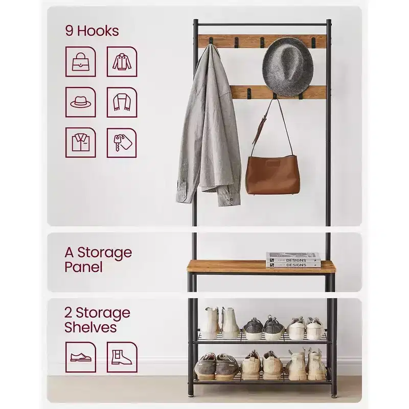 Hall Tree Entryway Coat Rack with Shoe Bench – Rustic Walnut & Black