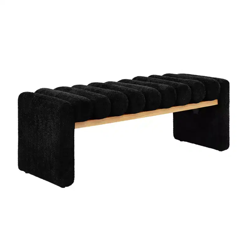 Alice Solid Wood Bench with H-Shaped Frame & Removable Round Bolster Cushions - Modern Minimalist, Polyester Upholstery, 19