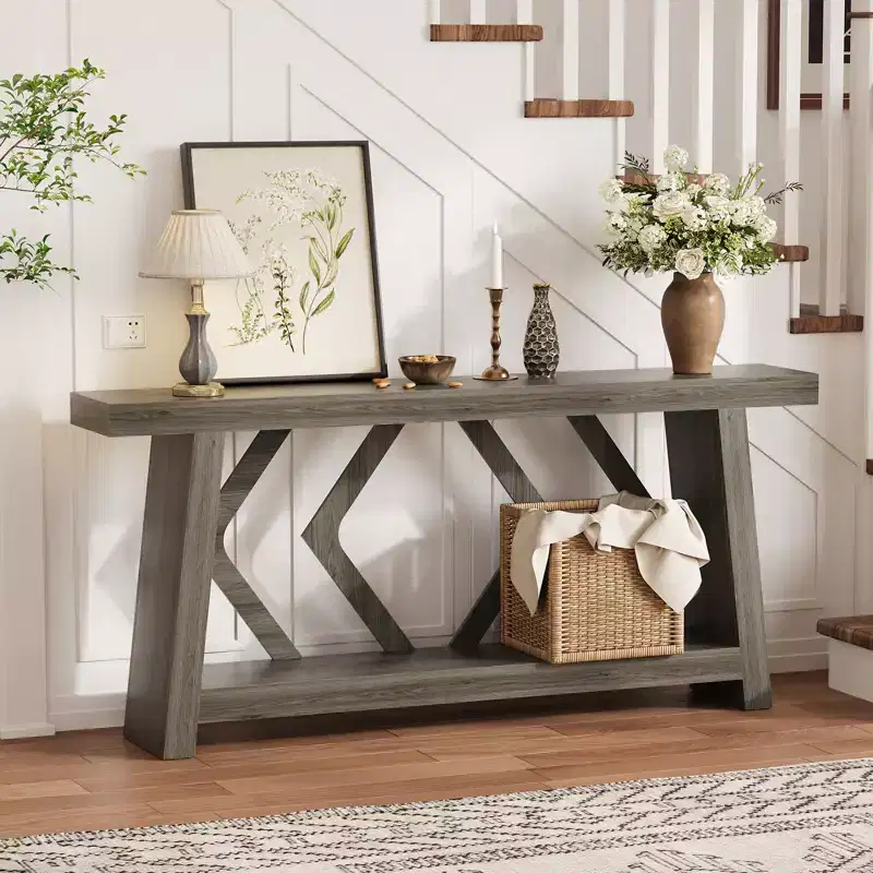 70.9 All-Wood Console Table - 2-Tier Narrow Entryway & Hallway Table - Rustic Brown Farmhouse Sofa Table with Trapezoid Legs