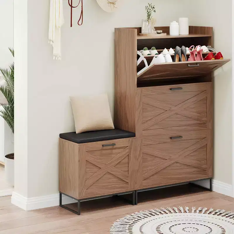 Shoe Storage Bench, Wooden Entryway Bench with 4 Flip Drawers & Padded Seat, Hidden Shoe Organizer Cabinet for Hallway Living Room