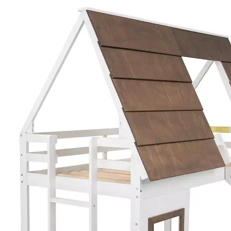 Kids Twin House Bunk Bed with Slide, Roof, Window & Ladder - Pine Wood, White & Brown