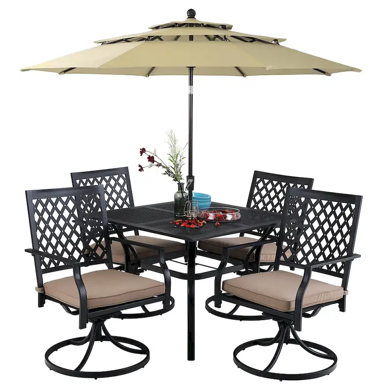 MAISON ARTS 6-Piece Metal Patio Dining Set: 4 Swivel Chairs, 1 Steel Frame Square 37 Table and 1x10ft 3-Tier Red Umbrella