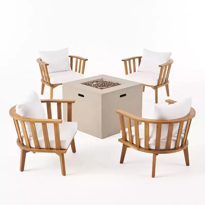 Christopher Knight Home Ridgeview Outdoor Acacia Wood 5 Piece Club Chair and Fire Pit Set with Cushions, Teak/White