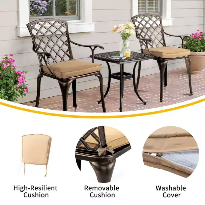 Karl Home | Elegant Bronze Cast Aluminum Patio Chair with Latte Cushions (Set of 2)