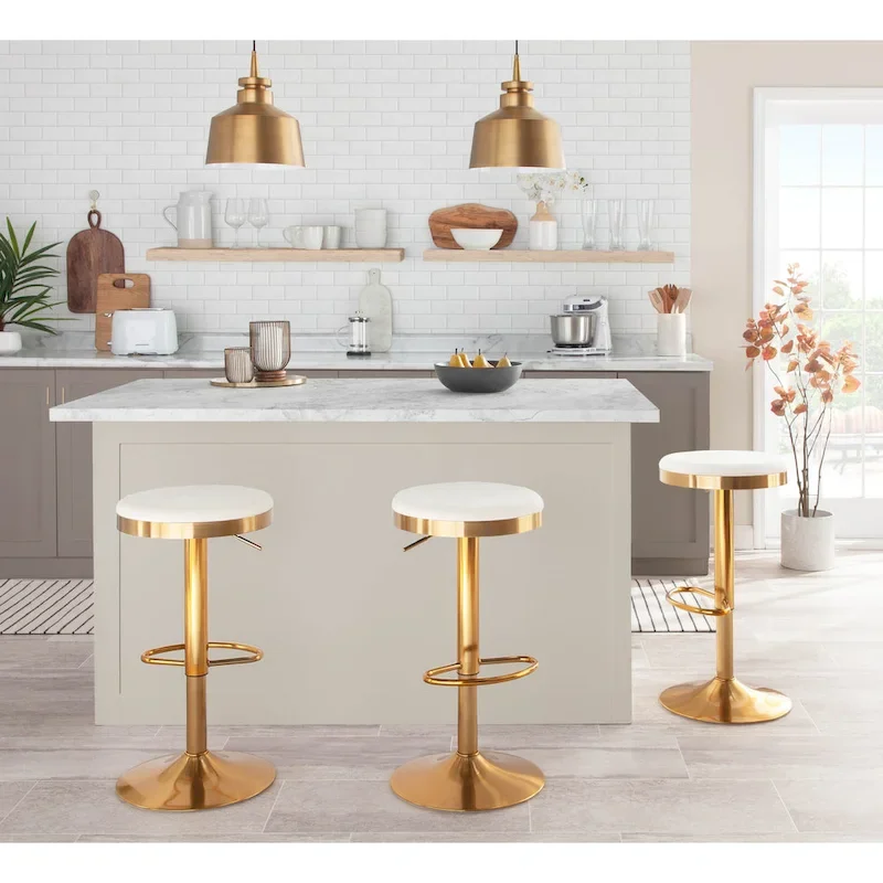 Lumisource Dakota Barstool in Gold Steel and White Leather - Set of 2 - 15Lx15Wx23-31.75H