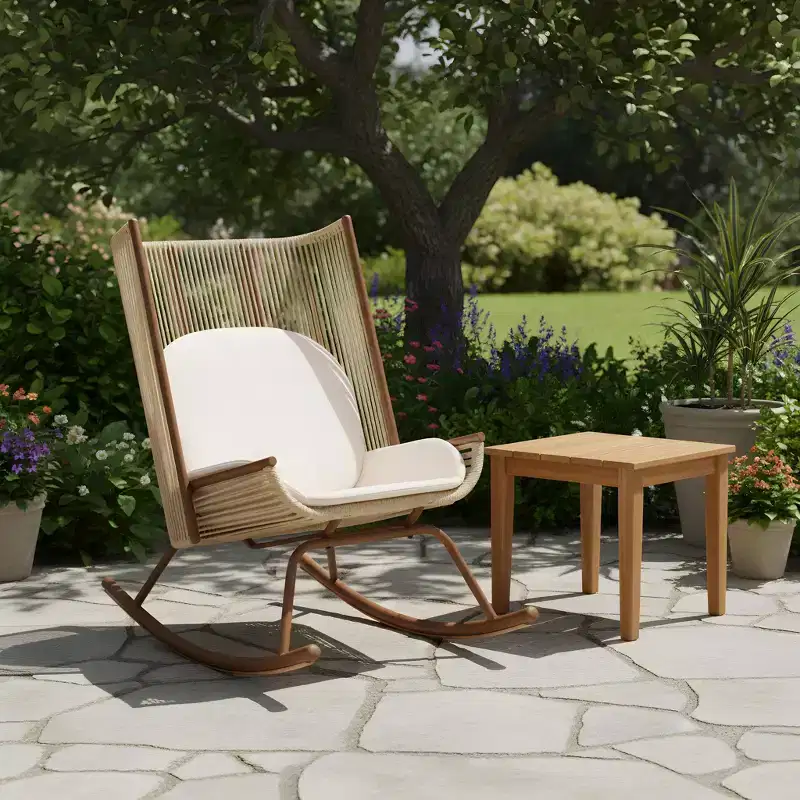Christopher Knight Home Varun Farmhouse 2 Piece Patio Dining Set with Acacia Wood Table and Iron Rocking Chair