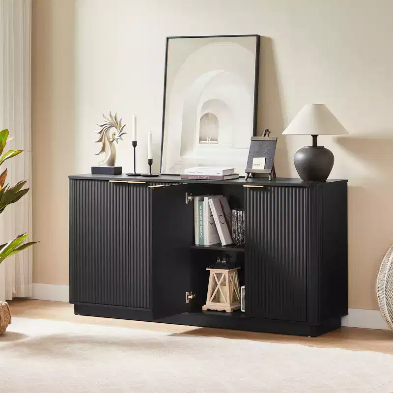 63 Vertical Stripe Buffet Cabinet Sideboard with Storage, Curved Wave Design TV Stand for Living Room Bedroom Hallway, Black