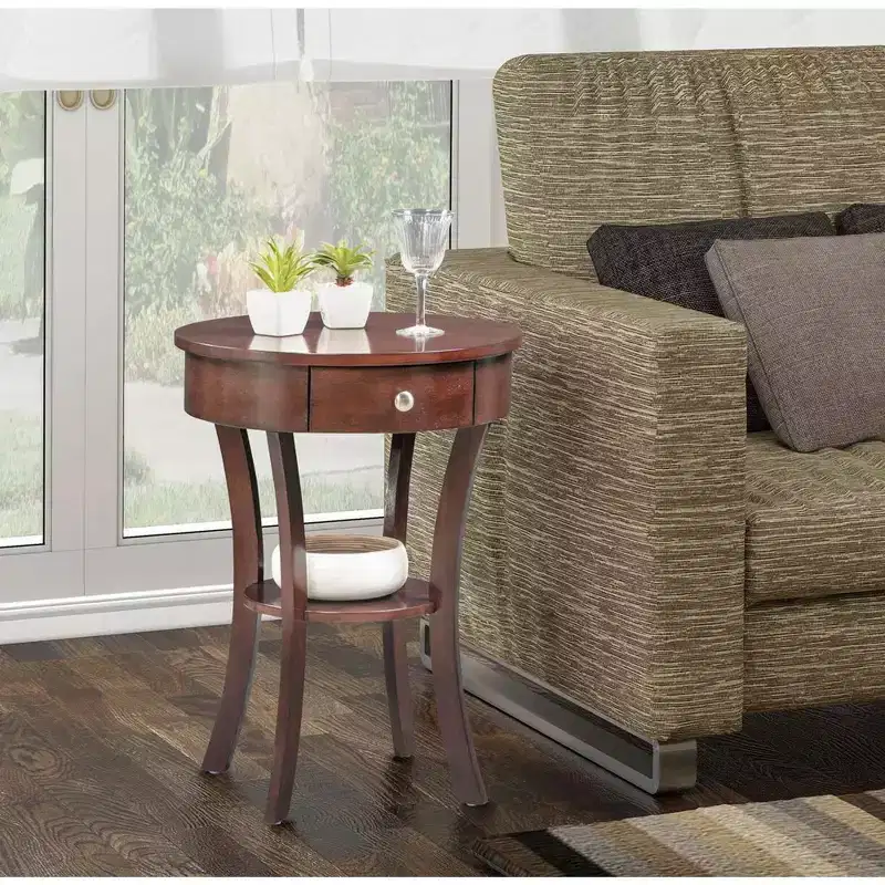 End Table with Drawer and Shelf, Solid Wood, Curved Legs, Concealed Storage