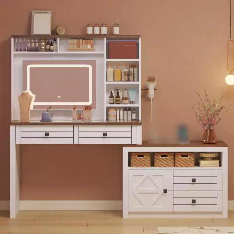 Vanity Mirror with Lights, Makeup Vanity Desk with 5 Drawers, 6 Open Storage Shelves, Large Extendable Dressing Table with Charging Station, Glass