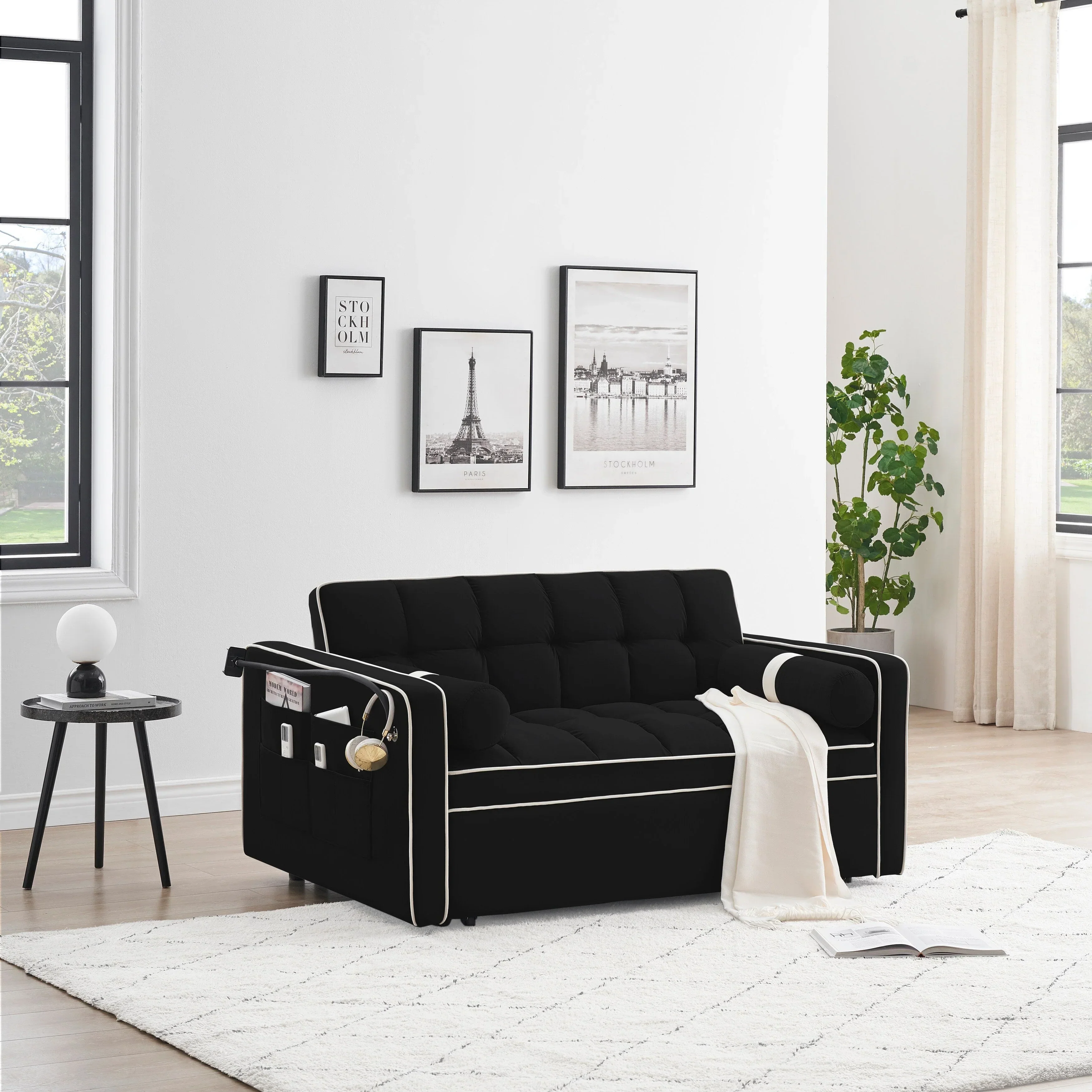 Velvet Convertible 55'' 2-Seater Sleeper Sofa with Pull-Out Bed, Adjustable Recline, Side Pockets, and Phone Holder