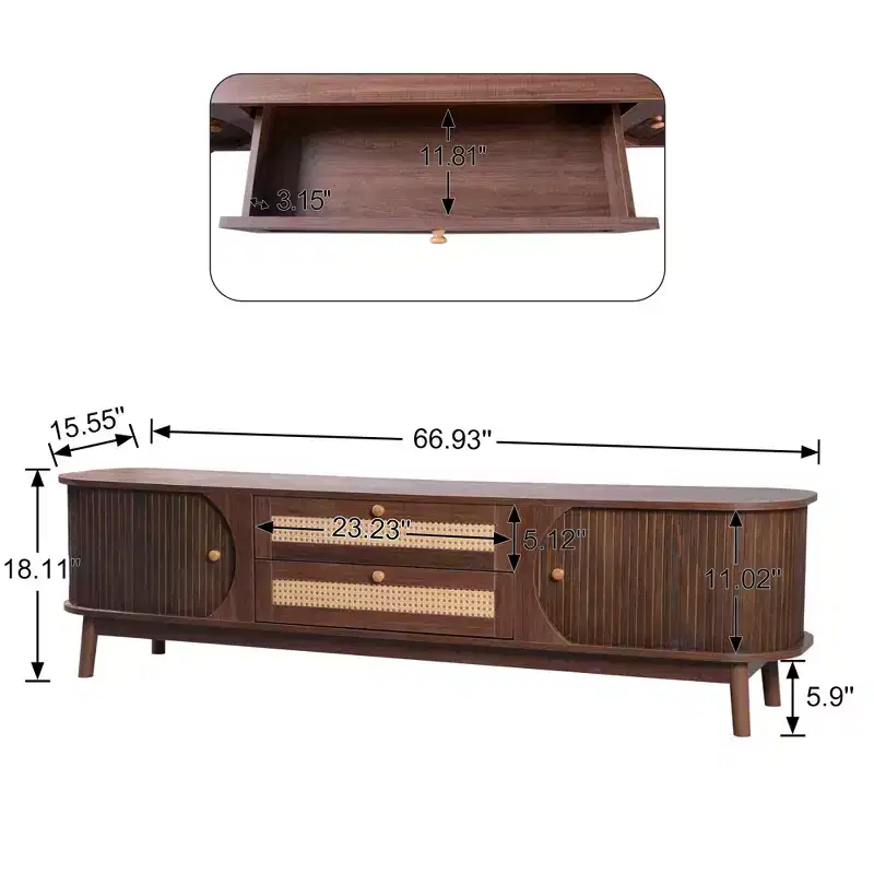 Rattan TV Stand for 75 inch TV, Wood TV Storage Cabinet with 2 Drawer and Solid Wood Legs, Natural Wood+Brown