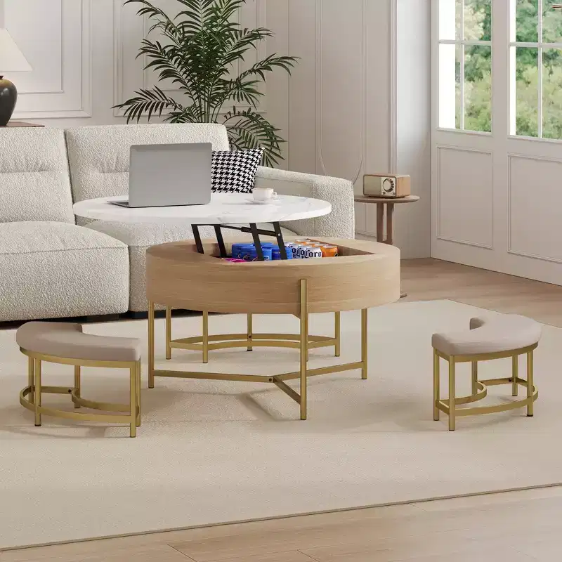 Modern Round Lift - Top Coffee Table with Storage & 3 Ottoman White & Natural