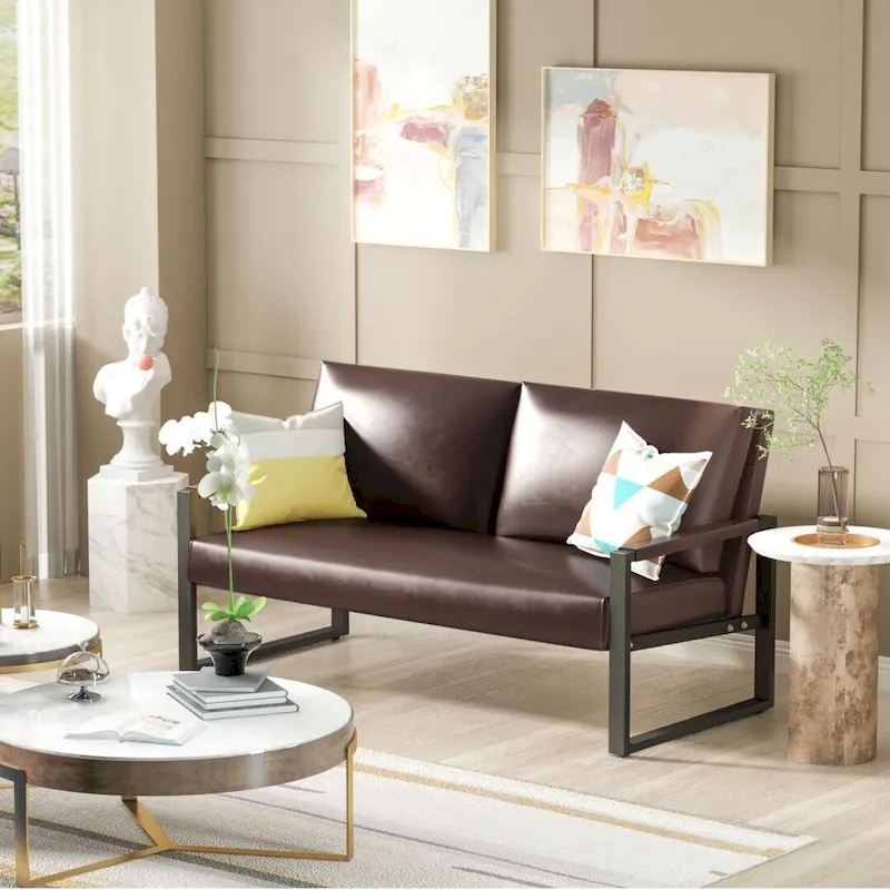 Mieres Mid-Century Style Faux Leather Loveseat Sofa with Steel Frame