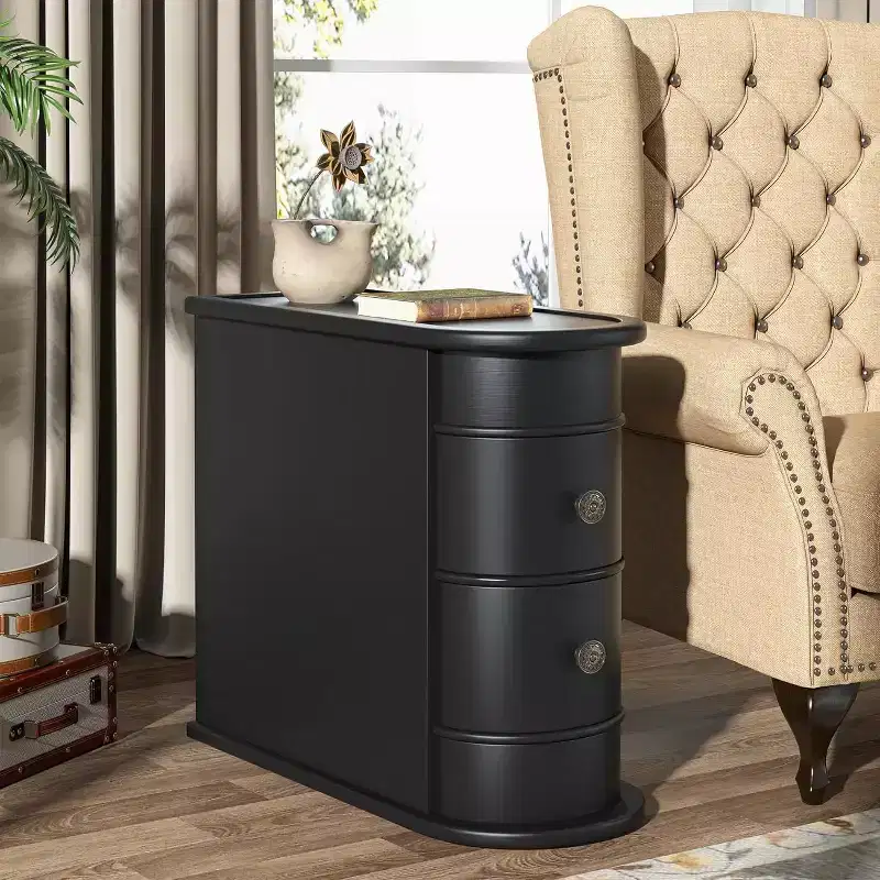 Black / Brown / Brown Oak / Off White / Walnut Oval 2-Drawer Narrow Side Table (for 1)