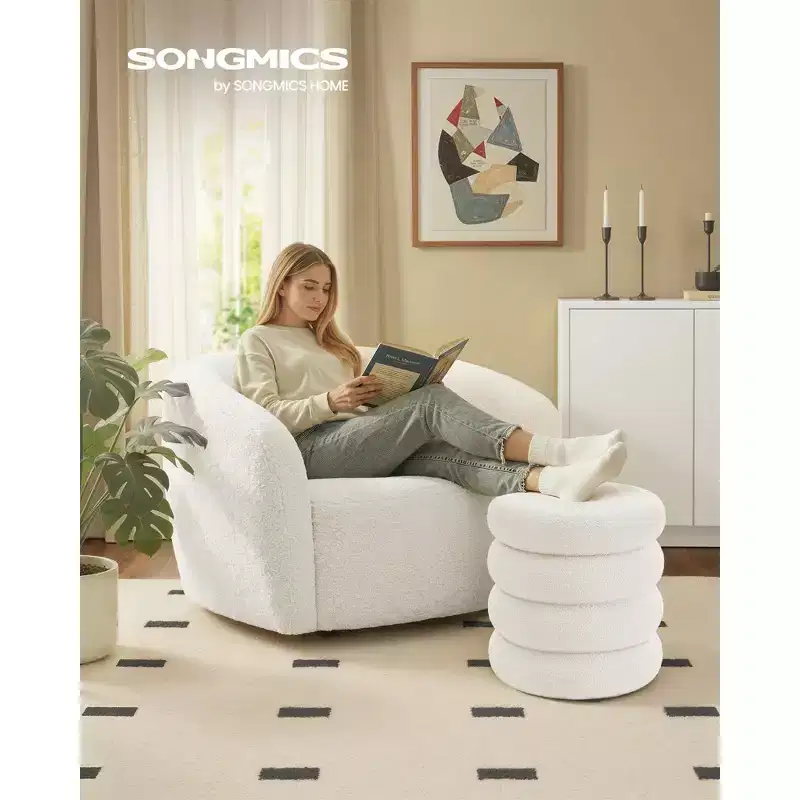 Vanity Stool, Round Ottoman with Storage, Upholstered, Removable Lid, Easy Assembly, 16.9 x 16.9 x 18.5 Inches, Teddy Fleece, White