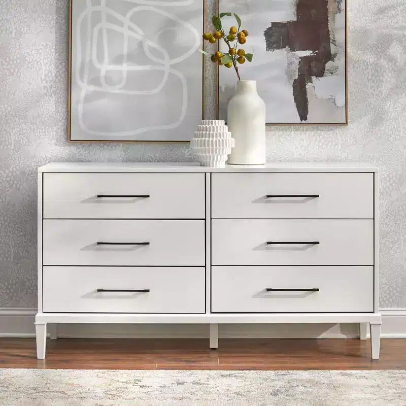 Lifestorey Sussex 6 Drawer Dresser White: Solid Rubberwood Legs, MDF, Modern Farmhouse Style