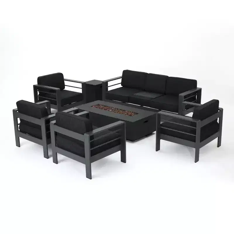 Christopher Knight Home Cape Coral Outdoor Aluminum 7 Seater Sofa Chat Set with Fire Pit