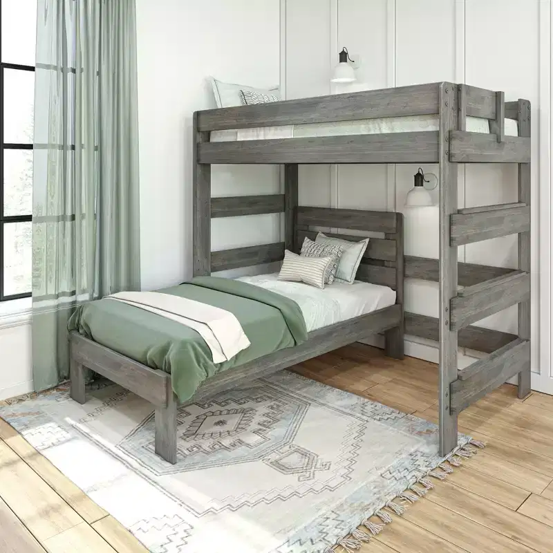 Max & Lily Solid Wood Modern Farmhouse Bunk Bed, L-Shaped Twin over Twin Bed Frame For Kids