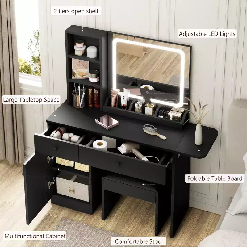 Makeup Vanity Desk Set  Mirror, Drawer, Storage Chair, 3 Shelves  Cute Small Dressing Table for Bedroom, Dorm, Teen or Gift