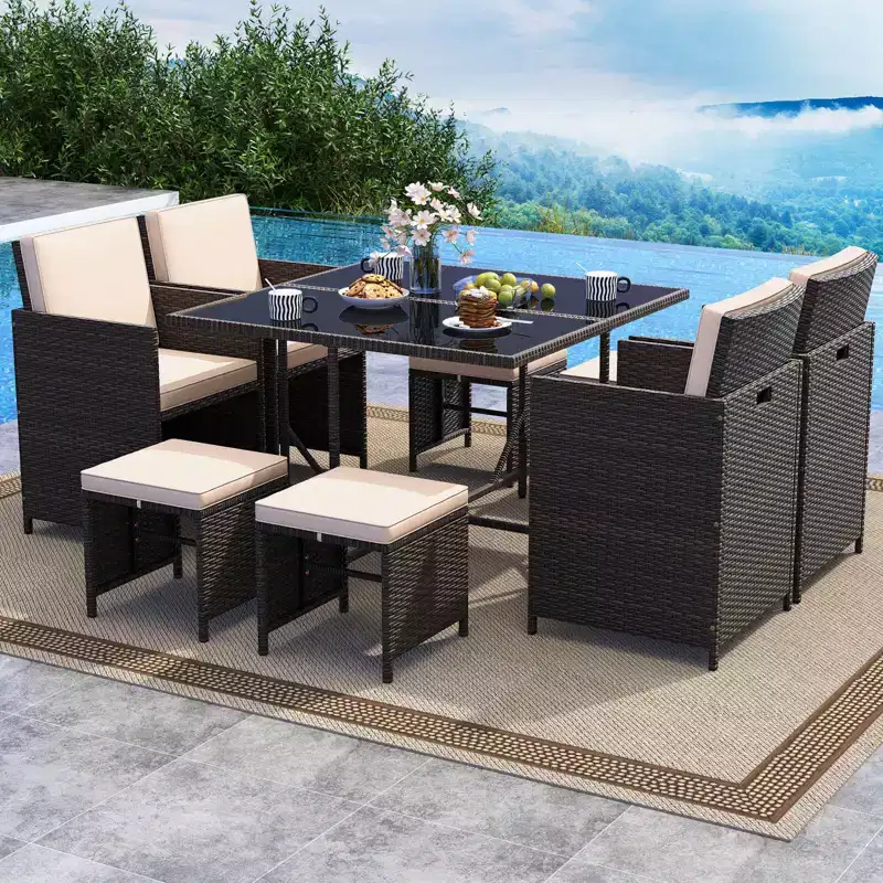 Costway 9 PCS Patio Dining Set with Tempered Glass Table & Ottoman Removable Cushions off-White/Beige