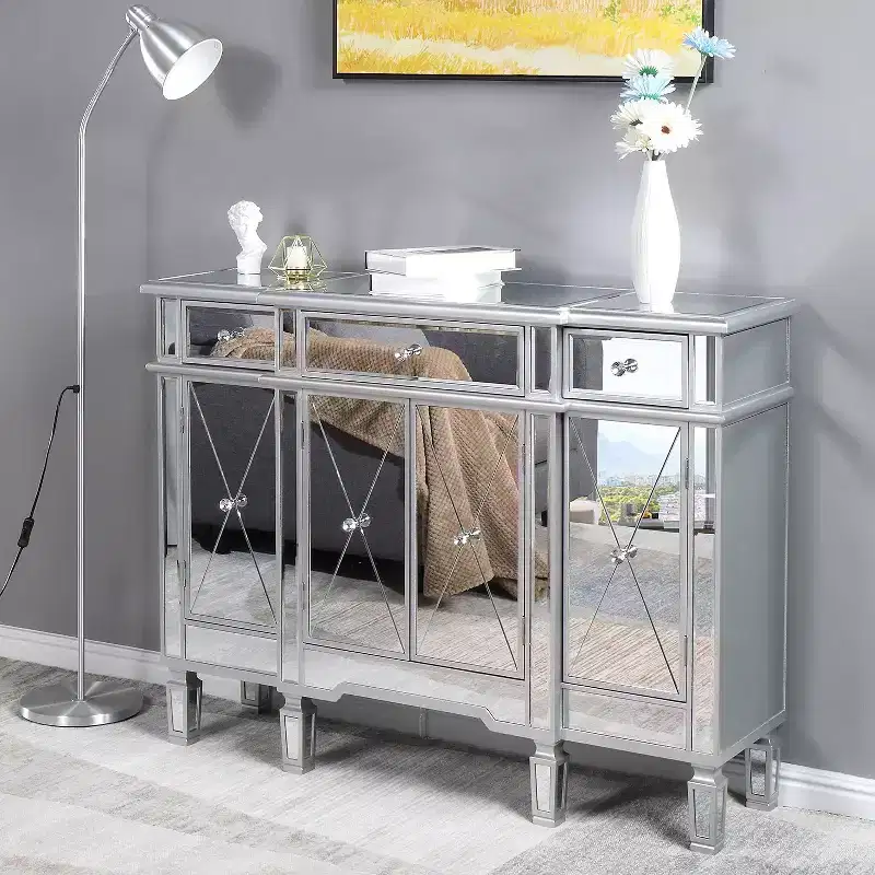 VINGLI Mirrored Console Table, Modern Buffet Cabinet/Sideboard/TV Stand with 3 Drawers and 4 Doors (Silver, 48 L x 14 W x 36 H)