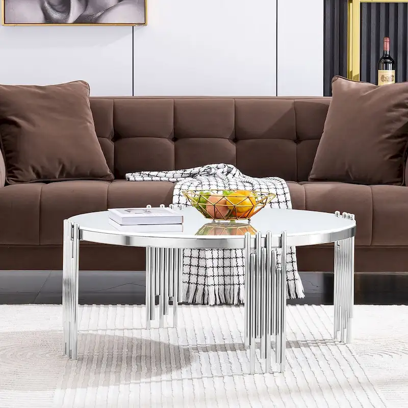 Round Tempered Glass Coffee Table with 3 Tiers 360 Degrees Rotating Top