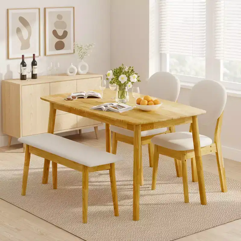 Karl Home 47''Dining Table Set For 4,Solid Wood Kitchen Table With Bench And 2 Chairs With upholstered Backrest