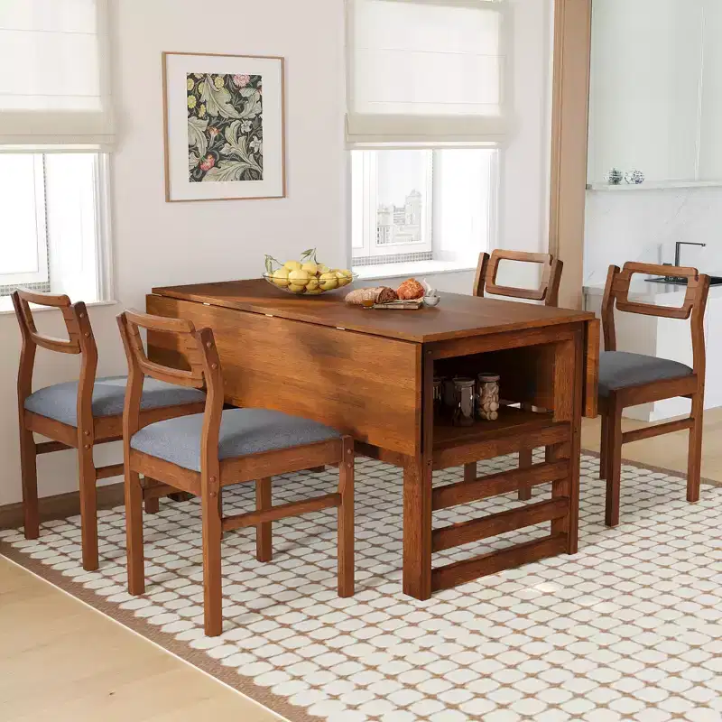 Whisen Modern 5-Piece Extendable Wood Dining Table Set with Two Drop Leaves and Upholstered Chairs