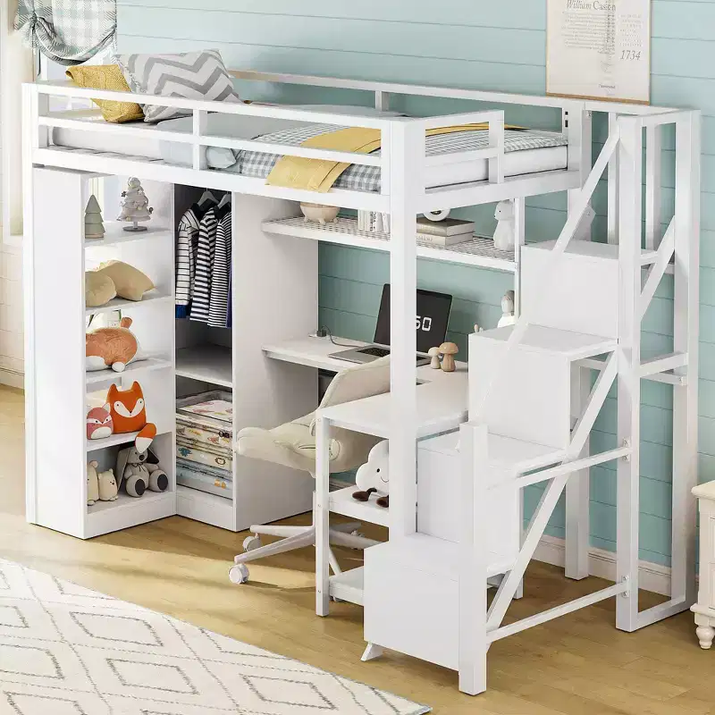 Metal Twin Loft Bed with Desk, Wardrobe & Storage Shelves, Stairway, White