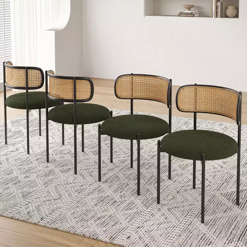 PexFix 4Pcs Modern Upholstered Dining Chairs Rattan Back Dining Room Chairs Accent Kitchen Chairs with Metal Legs Green