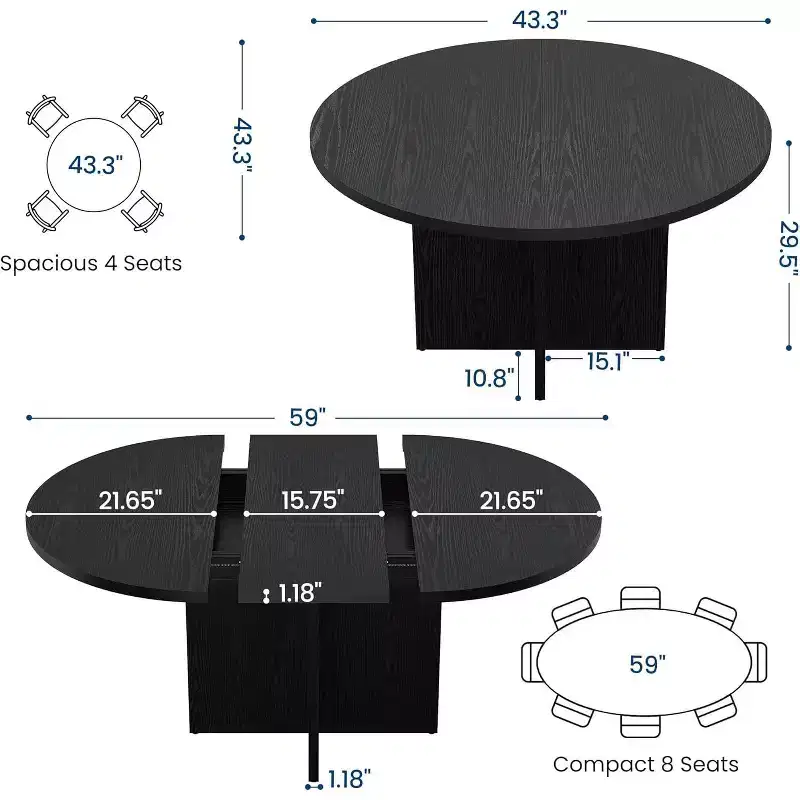 COZONY Extendable Round Dining Table, Modern Oval Design with Removable Leaves for 4-8 People Kitchen Dining Room Living Room