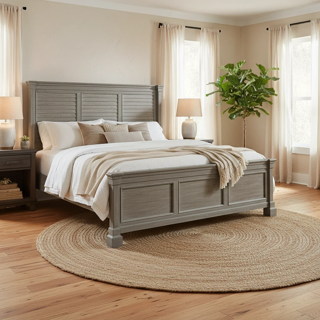Queen Panel Bed, Glazed Bisque Wire-Brushed Finish, Louvered Headboard, Wood & Veneer, Traditional Style