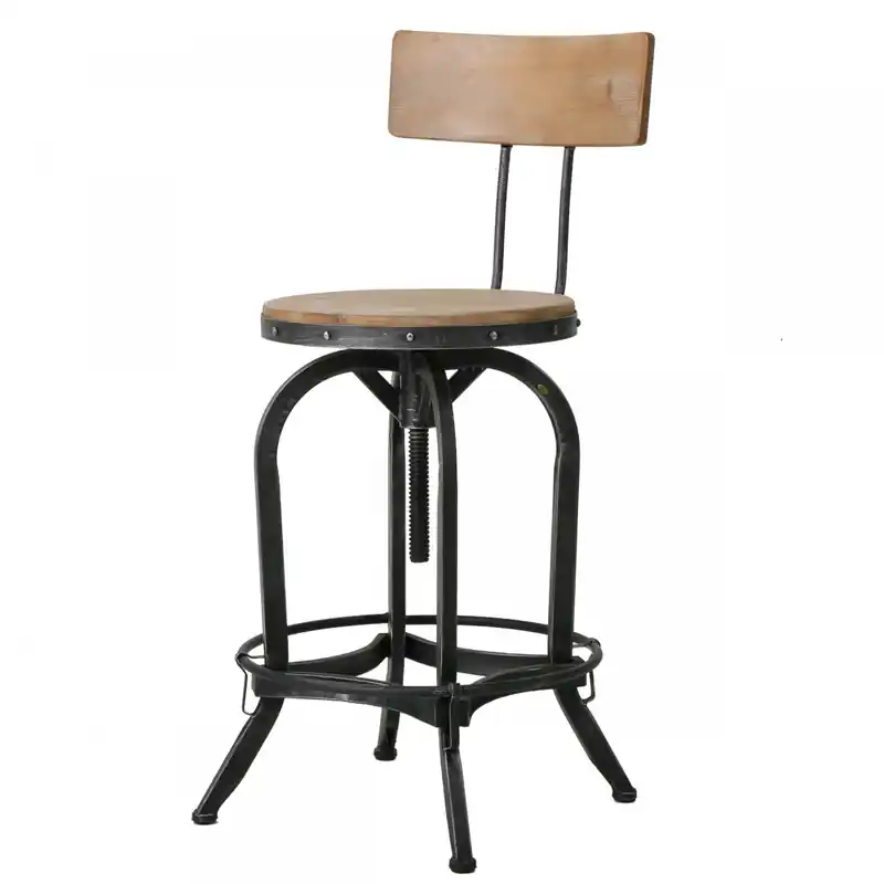 Barstool With Adjustable Height, Fir Wood Seat, Metal Frame