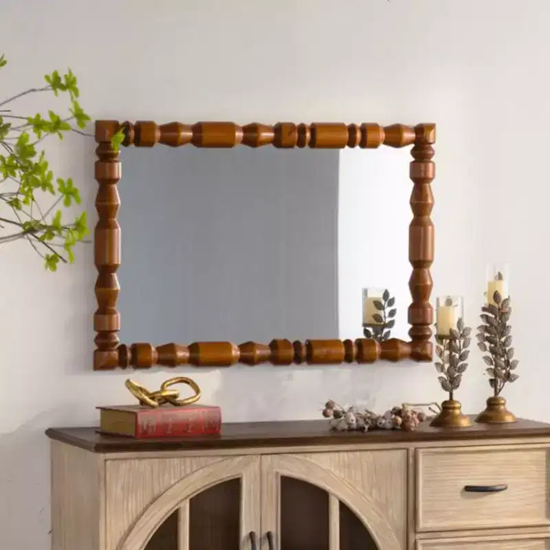 Vintage Wooden Carved Wall Mirror with Column Frame for Living Room or Entryway