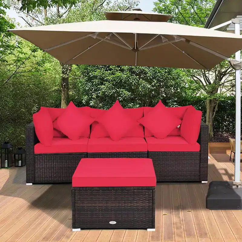 Costway 4PCS Patio Rattan Wicker Furniture Set Cushioned Sofa Ottoman Garden Turquoise\Red