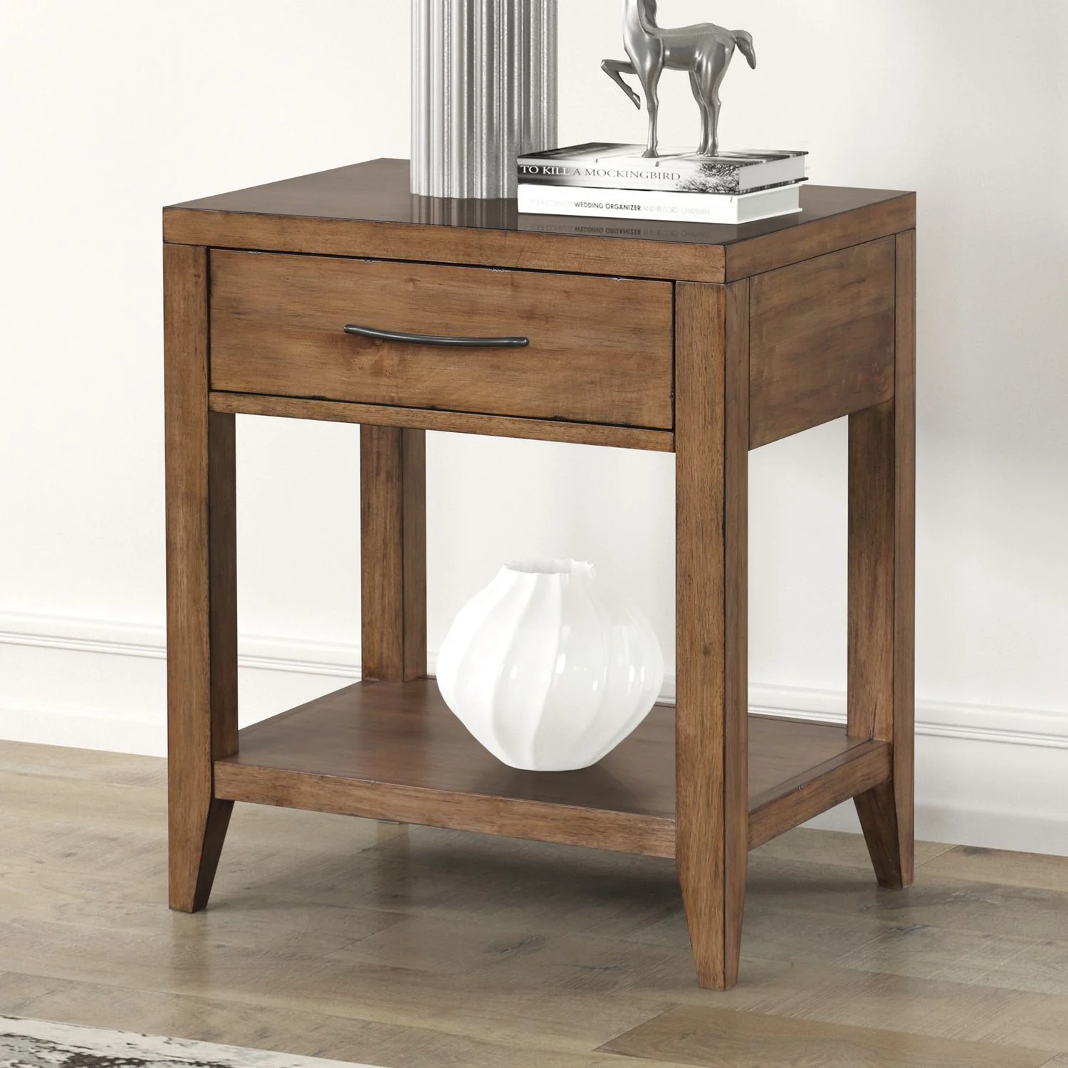 Open Nightstand With Charging Station - Harvest Brown — It incorporates design elements from a variety of centuries